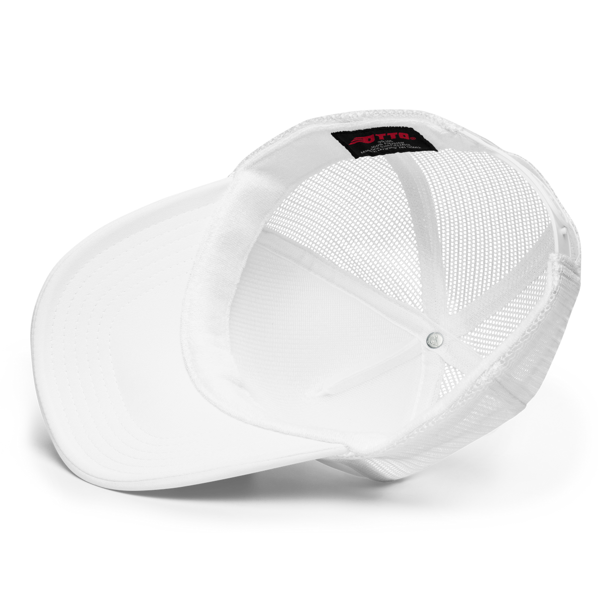 White foam trucker hat from Liquid Lowdown featuring a structured crown and adjustable snapback closure.