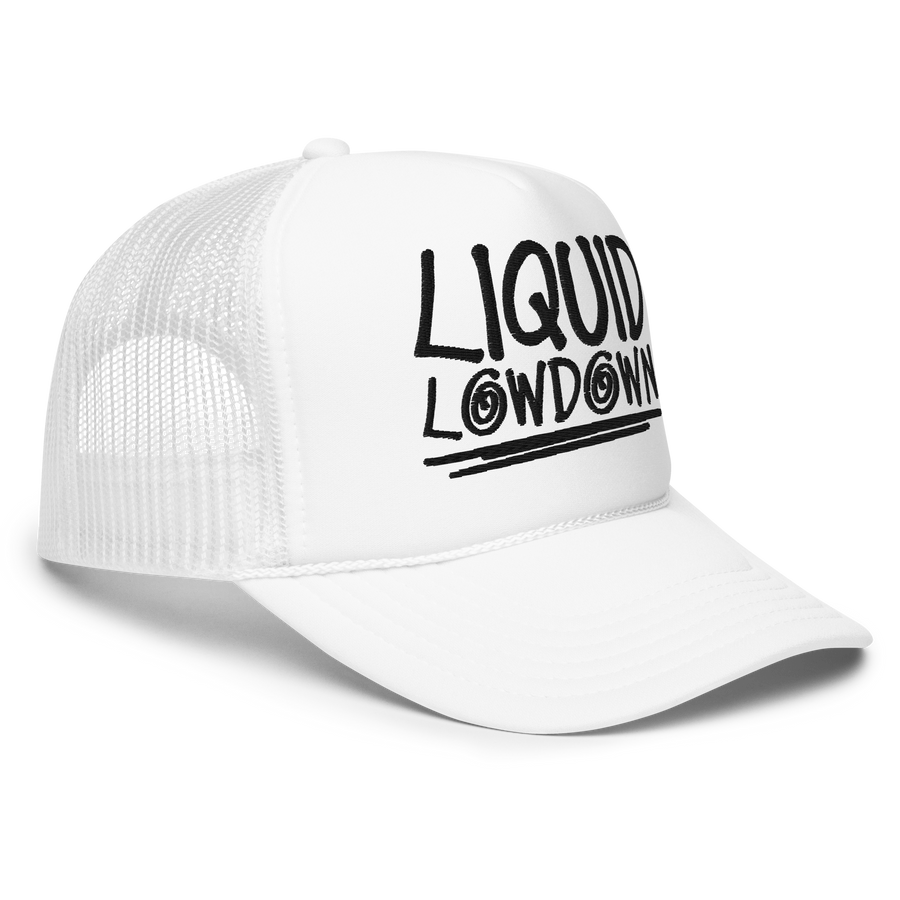 White foam trucker hat by Liquid Lowdown, showing the front view with adjustable strap and logo detail.