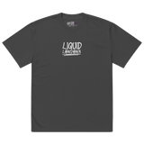 Unisex Liquid Lowdown faded black T-shirt with oversized fit, front view showing distressed, vintage-style graphic design.