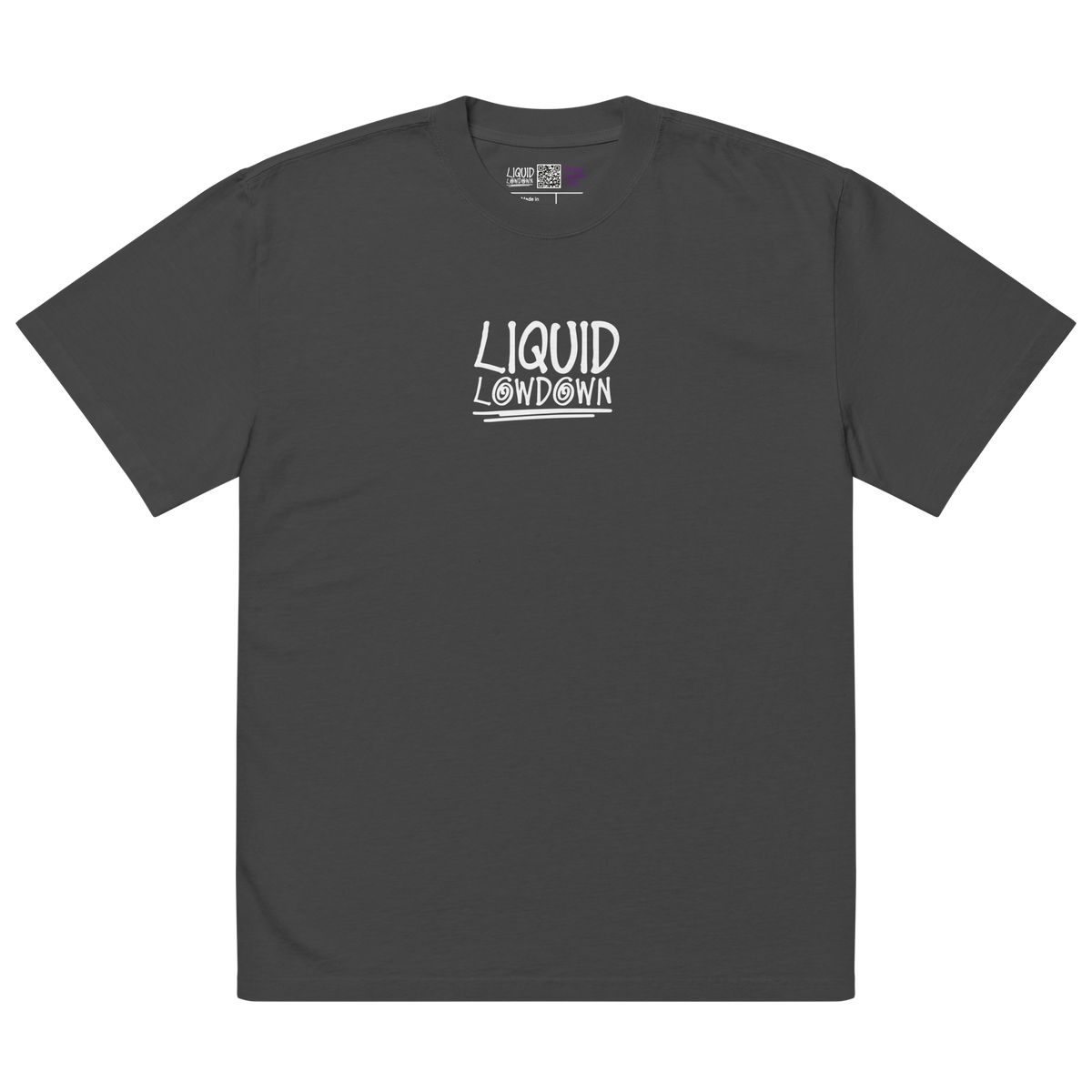 Unisex Liquid Lowdown faded black T-shirt with oversized fit, front view showing distressed, vintage-style graphic design.