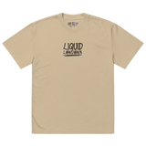 Unisex Liquid Lowdown Faded Khaki T-Shirt with oversized fit, front view showcasing the distressed, faded design.