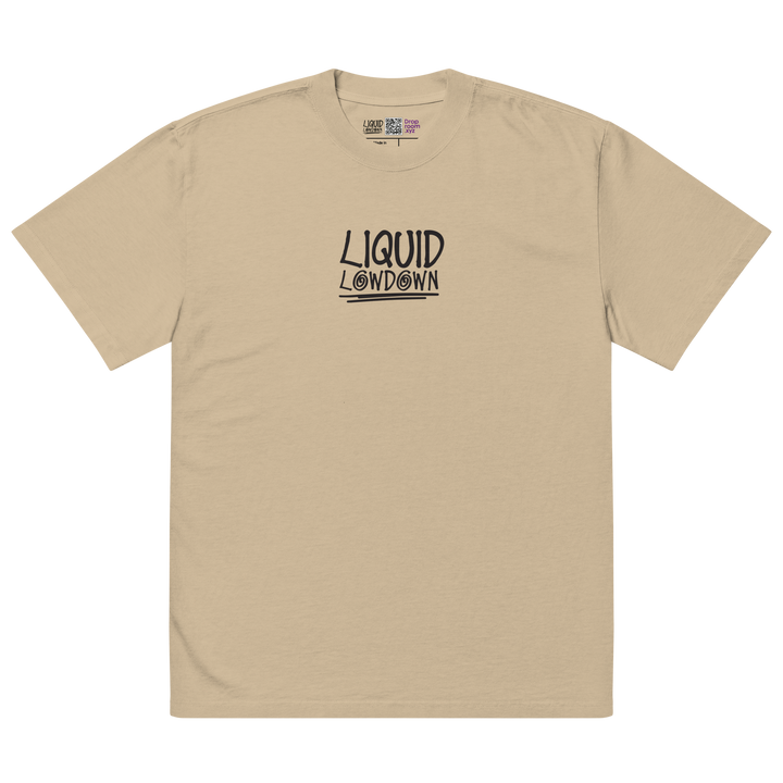 Unisex Liquid Lowdown Faded Khaki T-Shirt with oversized fit, front view showcasing the distressed, faded design.