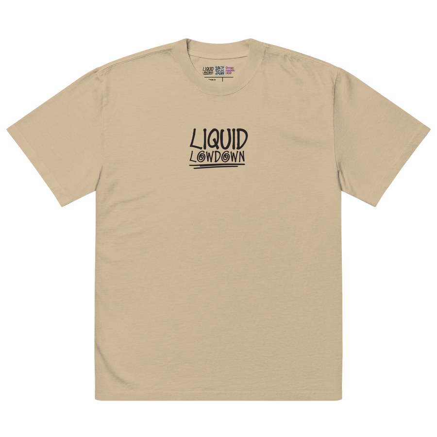 Unisex Liquid Lowdown Faded Khaki T-Shirt with oversized fit, front view showcasing the distressed, faded design.