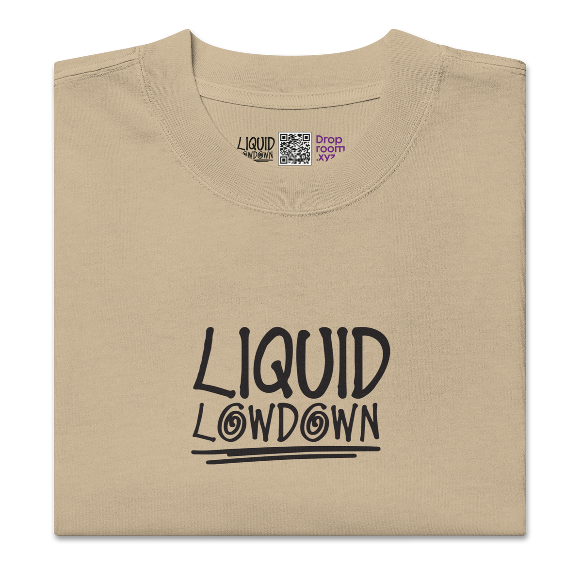 Unisex faded khaki Liquid Lowdown T-shirt with oversized fit, front view showing distressed, vintage-style design.
