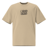 Unisex faded khaki T-shirt by Liquid Lowdown with oversized fit, front view, casual style, and distressed fabric details.