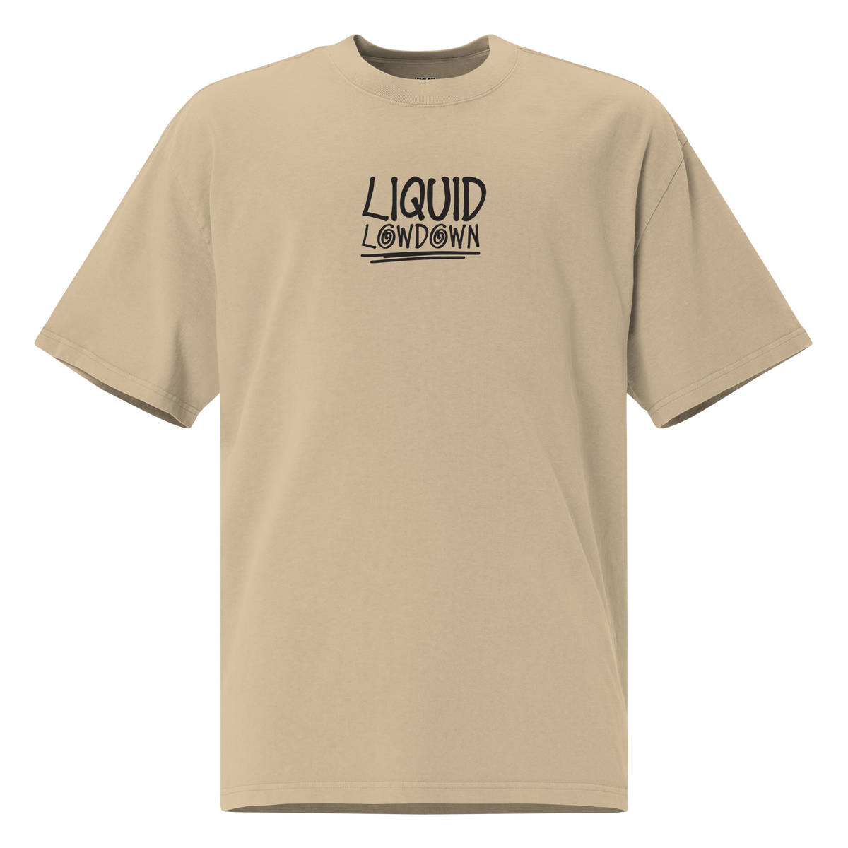 Unisex faded khaki T-shirt by Liquid Lowdown with oversized fit, front view, casual style, and distressed fabric details.