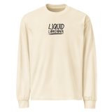 Unisex Liquid Lowdown ecru long sleeve T-shirt with a comfortable, heavyweight fabric and classic fit, front view.