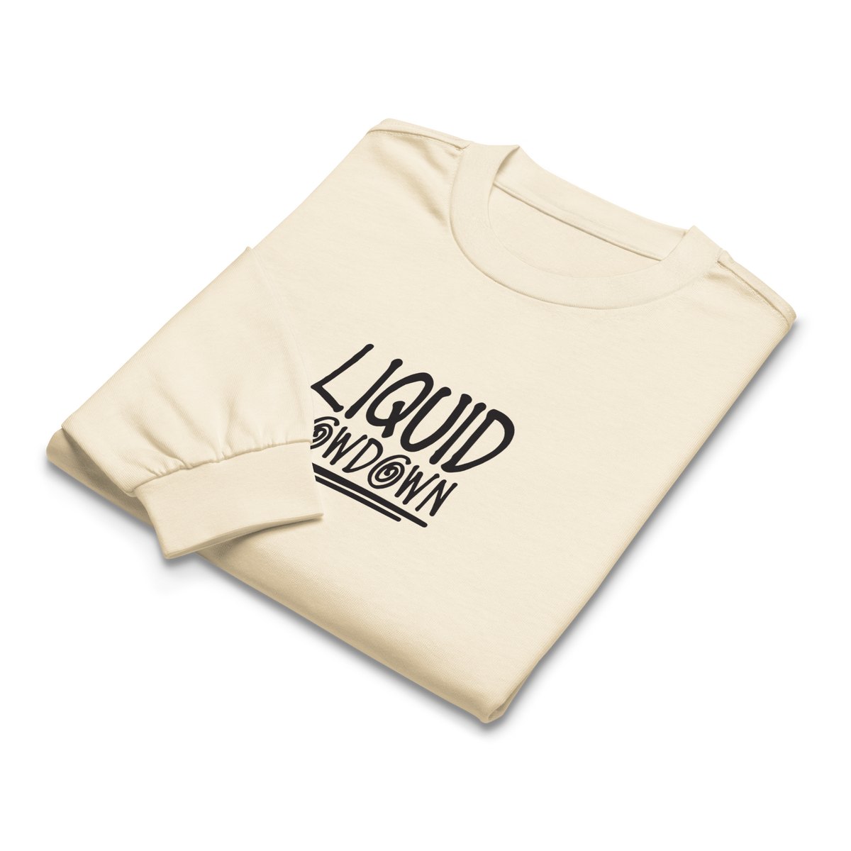 Unisex Liquid Lowdown Ecru long sleeve T-shirt with a comfortable heavyweight fabric, front view showing classic design.