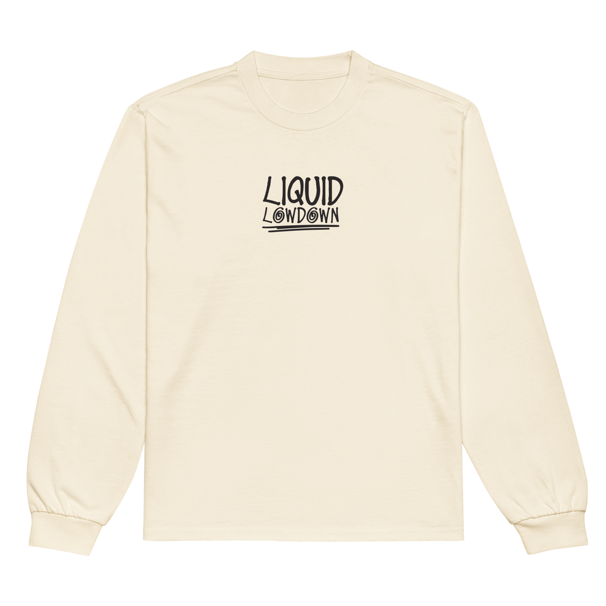 Unisex Liquid Lowdown Ecru long sleeve T-shirt with a premium heavyweight fabric, front view showing classic crew neck design.